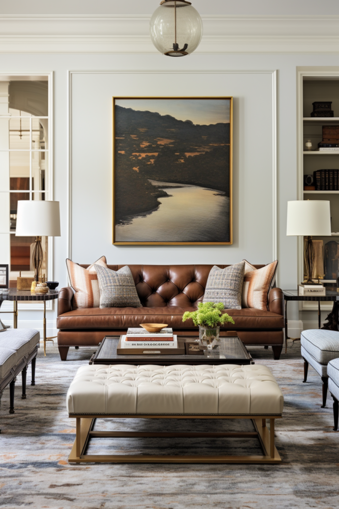 Overcoming living room layouts through arranging brown leather furniture and a large painting.