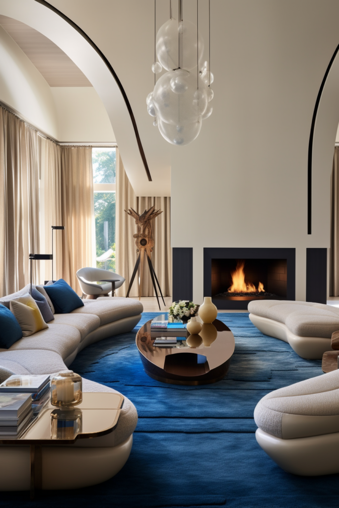 Living room with a blue rug and a fireplace, providing solutions for living room layouts.