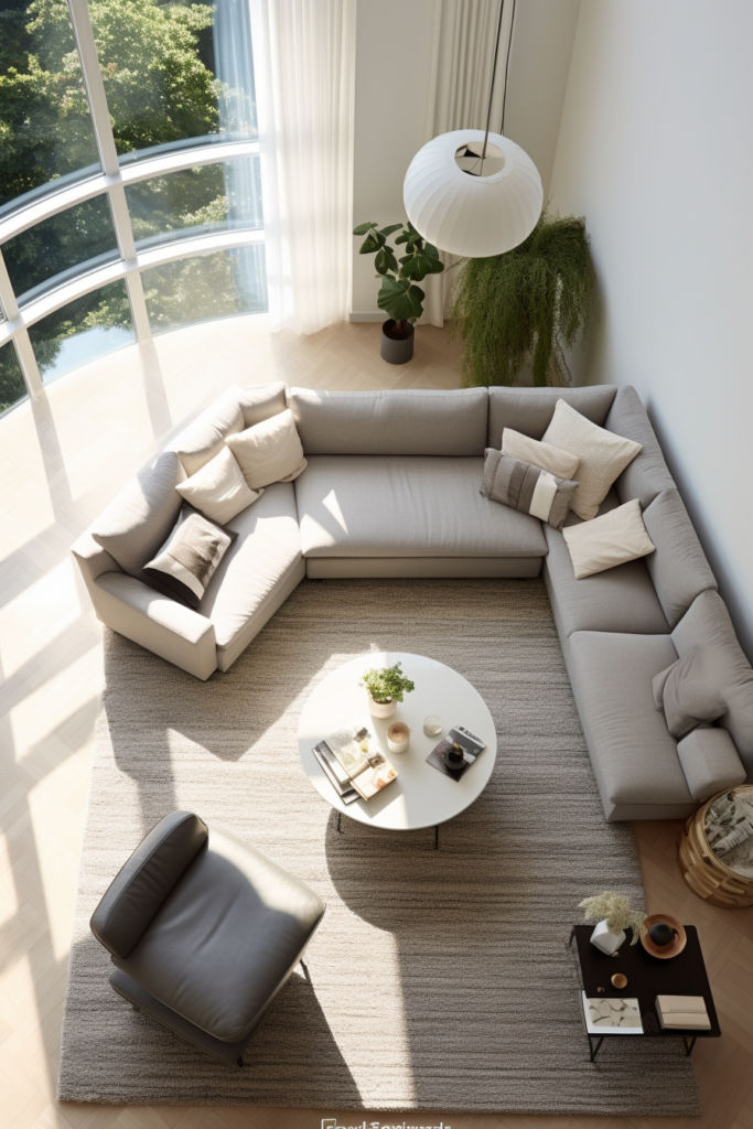 An arrangement of a sectional sofa and coffee table in an awkward living room layout.