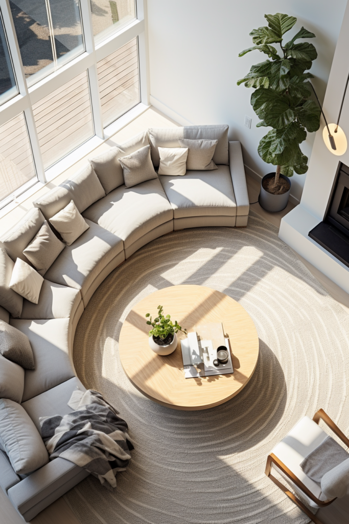 Living room layouts: A living room with a circular couch and a coffee table, overcoming rectangle spaces.