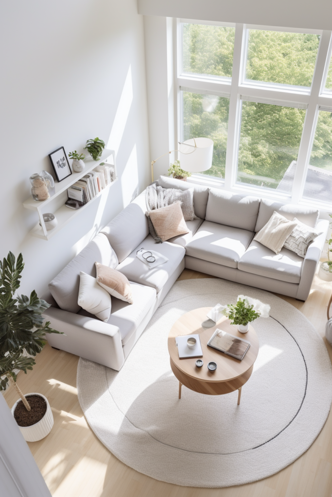 A living room with a white couch and a round table that showcases an efficient living room layout.