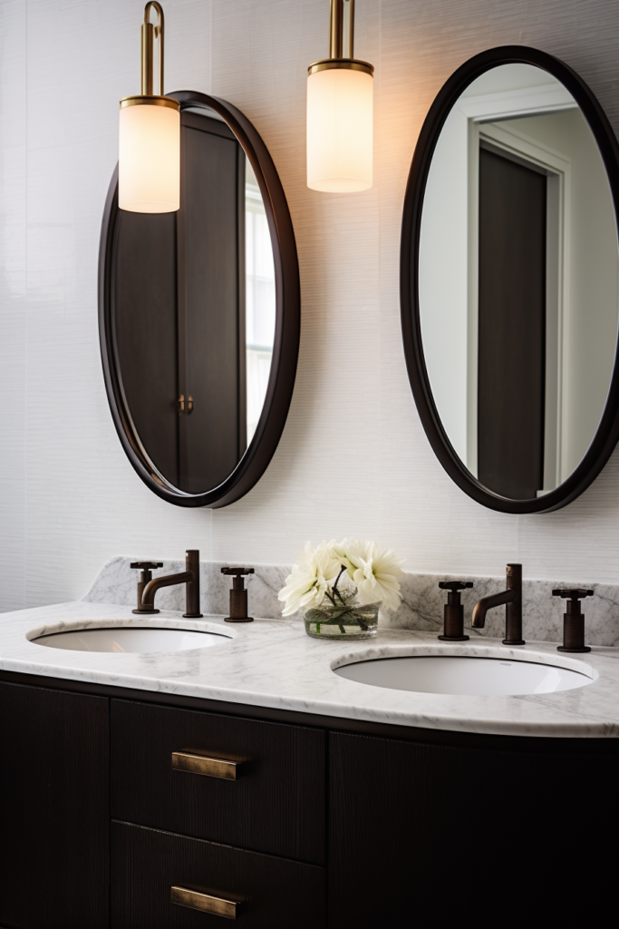 A bathroom with two round mirrors and two sinks, showcasing the latest interior design trends for 2024.