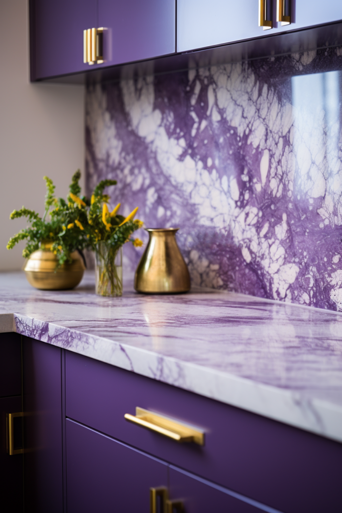 A futuristic kitchen with purple marble counter tops and gold accents, following the latest interior design trends of 2024.