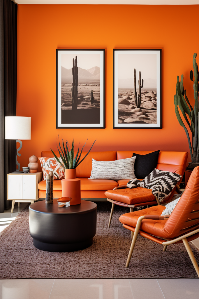 A trendy living room with orange walls and cactus plants, showcasing the latest interior design trends of 2024.