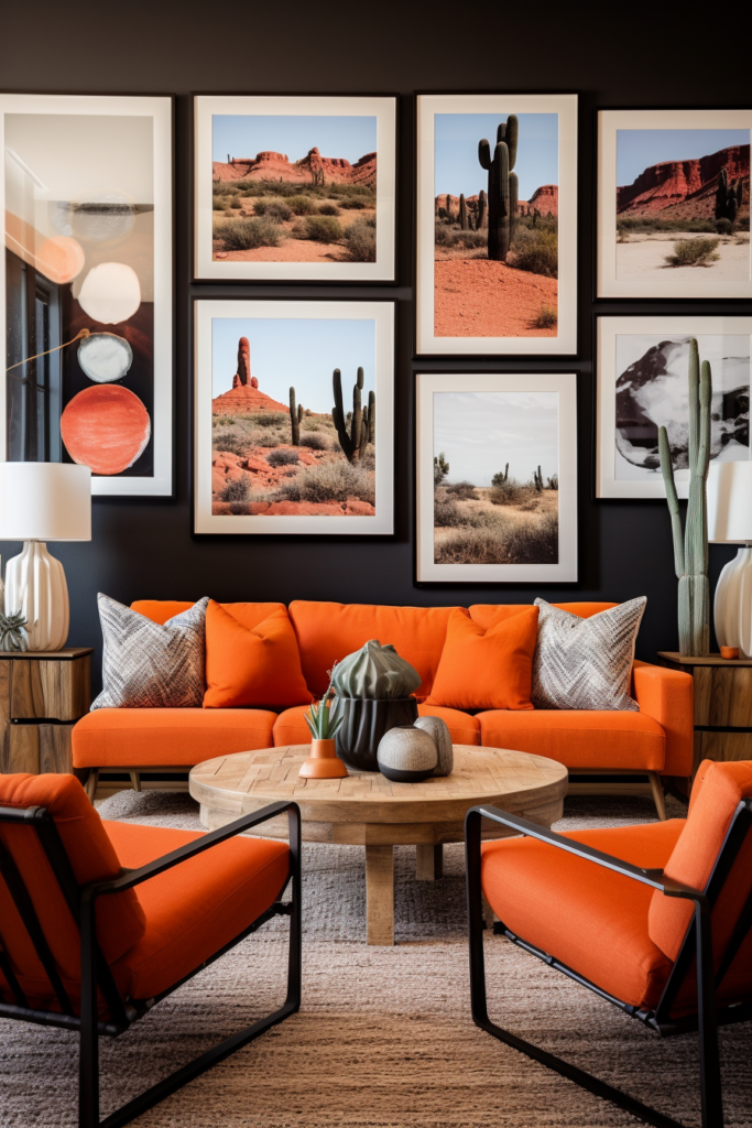 An interior design trend for 2024 is a living room featuring orange couches and cactus decor on the wall.