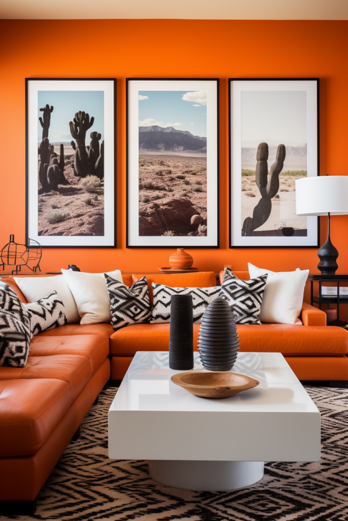 A trendy living room with orange walls showcasing futuristic interior design elements for the year 2024.