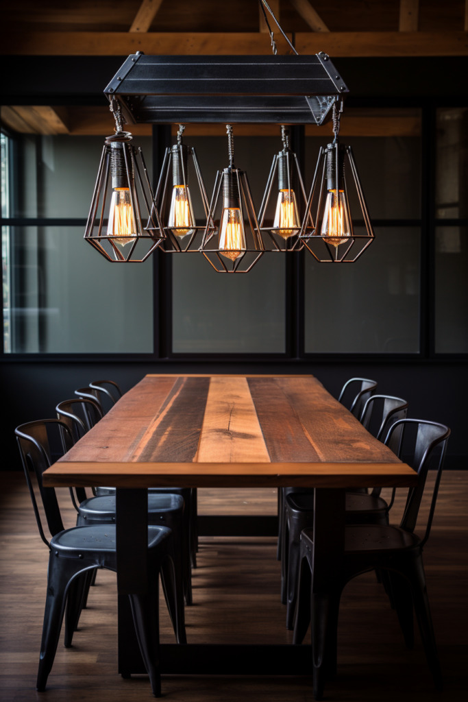 An interior design dining room with a wooden table and black chairs, reflecting the 2024 trends.