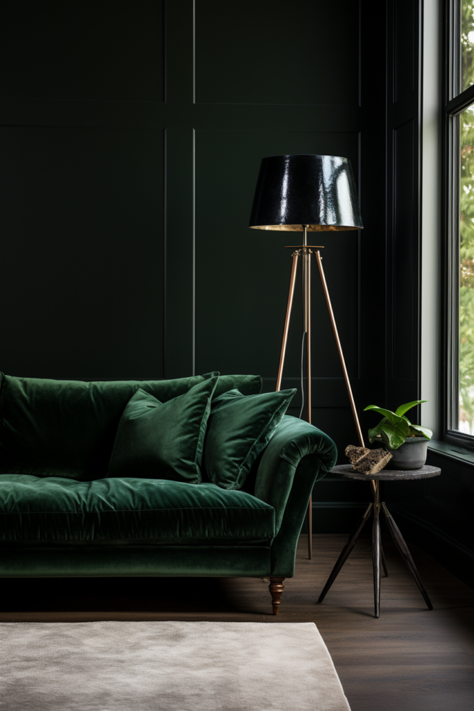 A green velvet sofa that combines trends in interior design within a dark room.