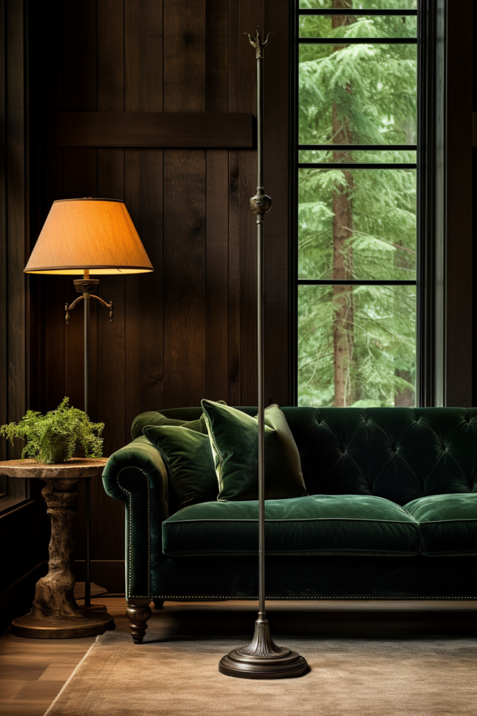 A green couch, following the interior design trends for 2024, is placed in front of a window.
