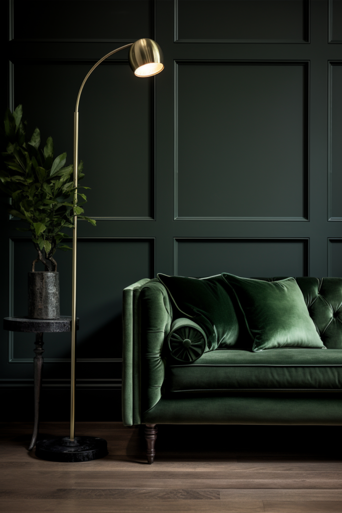 A trendy green velvet sofa paired with a stylish gold lamp, showcasing the latest 2024 interior design trend.