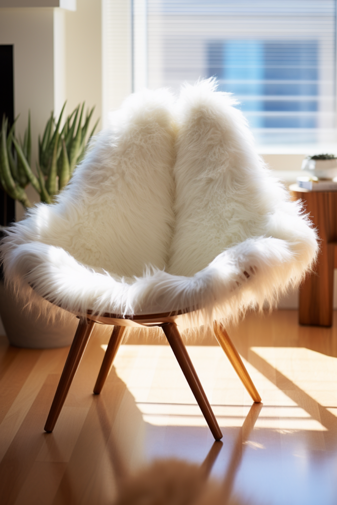 A modern white furry chair adds a touch of luxury and comfort to any living room, keeping in line with the latest interior design trends of 2024.