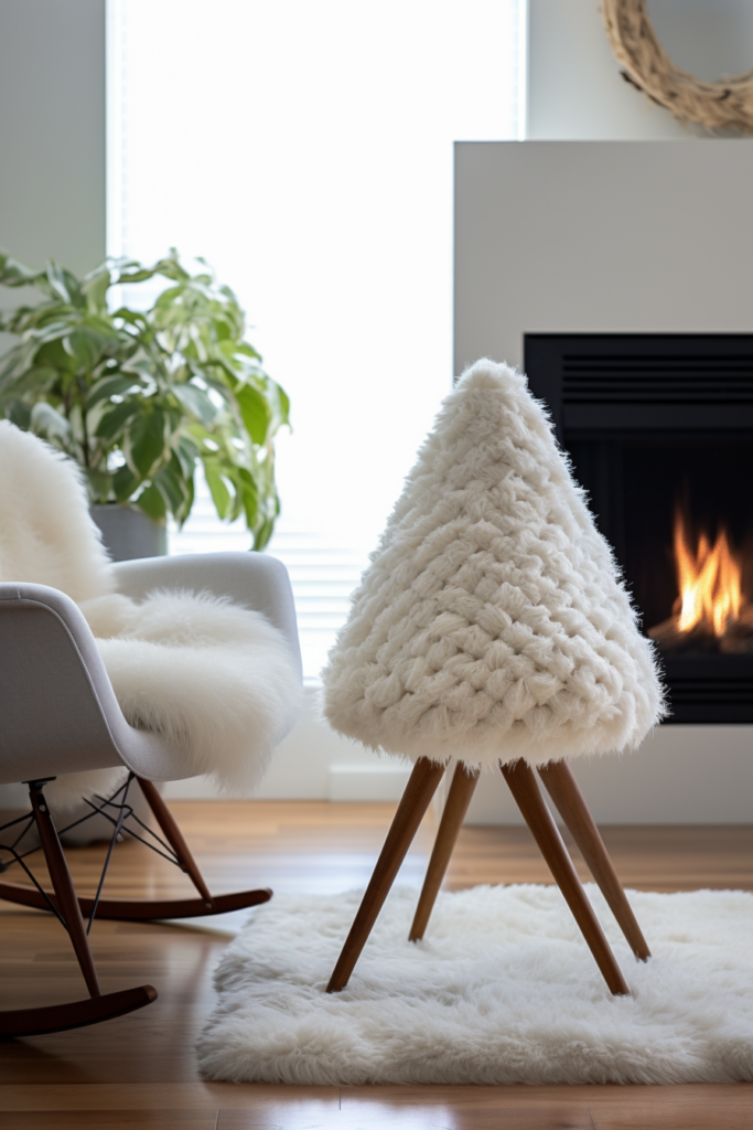 This white rocking chair creates a cozy atmosphere in front of the fireplace, reflecting the latest interior design trends for 2024.
