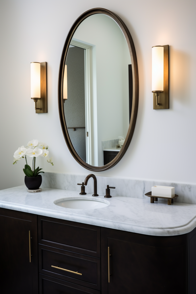 A bathroom vanity with a round mirror following the latest interior design trends in 2024.