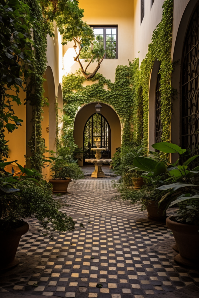 A courtyard with trendy interior design featuring potted plants and ivy.