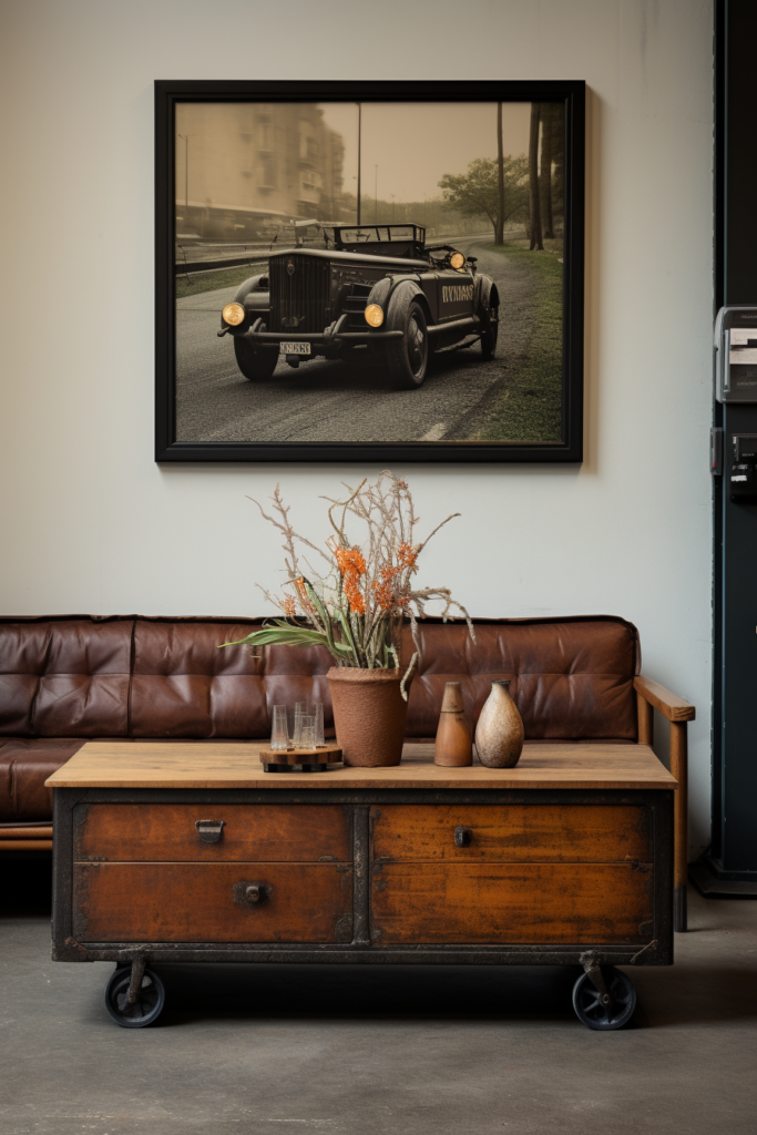 A coffee table in a living room showcasing the latest trends in interior design with a captivating picture of a car, giving it an alluring touch of modernity for the year 2024.