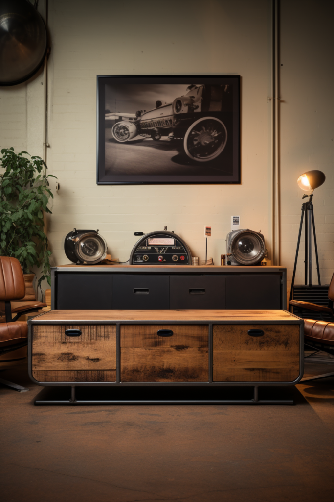 A coffee table in a room with a picture of a car, showcasing modern interior design trends.