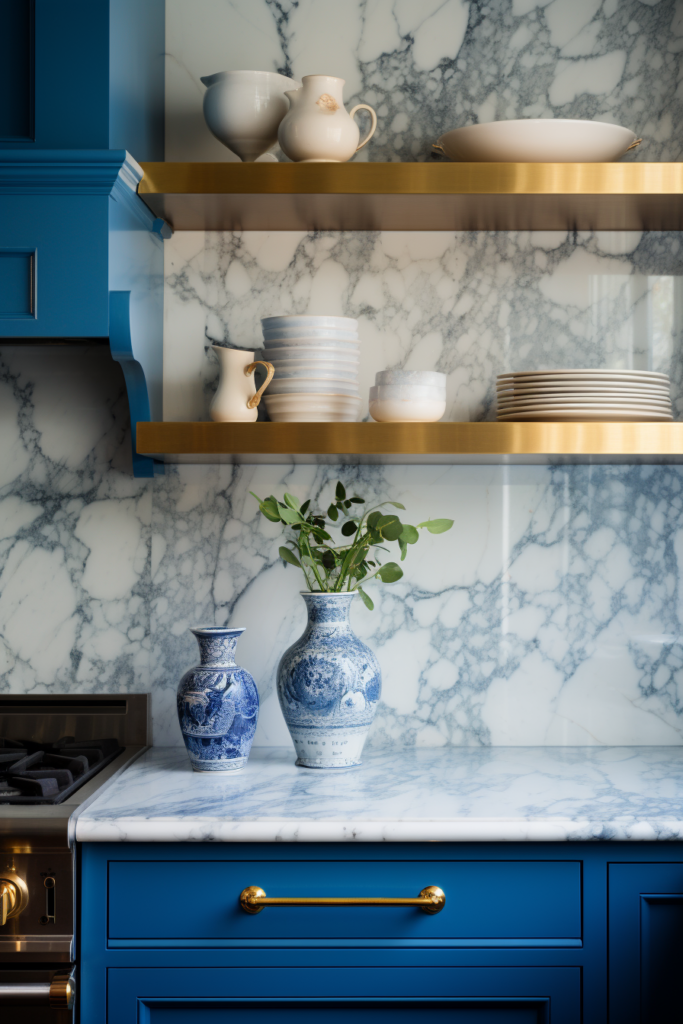 2024 interior design trends include a kitchen with blue cabinets and gold shelves.