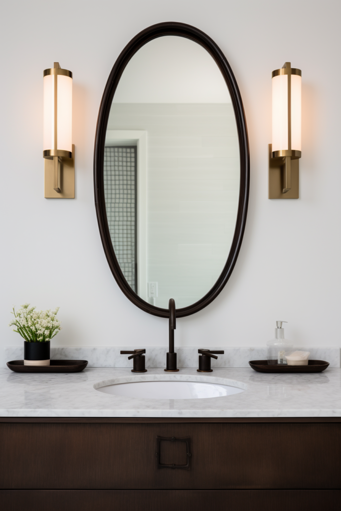 Explore the future of bathrooms with an innovative design featuring a sleek round mirror and a modern sink. Get ahead of the interior design trends for 2024 in your own home.