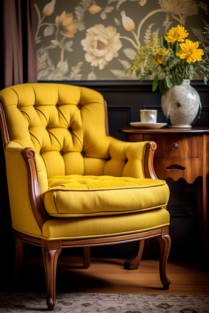 As part of the latest interior design trends, a vibrant yellow chair adds a pop of color in front of a table embellished with beautiful flowers.