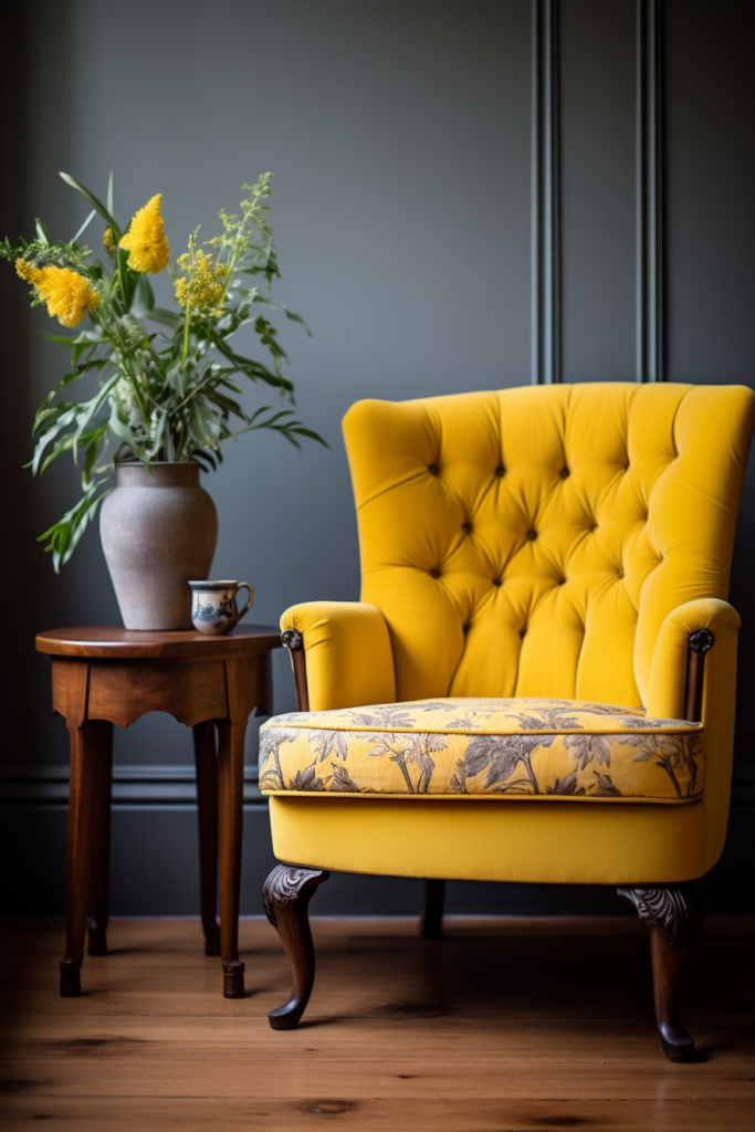 A trendy yellow chair adds a pop of color to the room, complemented by a beautiful vase of flowers.