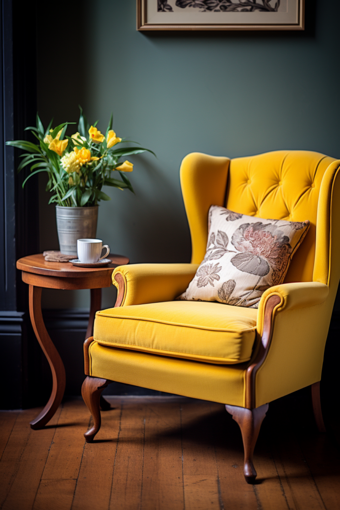A yellow chair in a room with a vase of flowers following the interior design trends.
