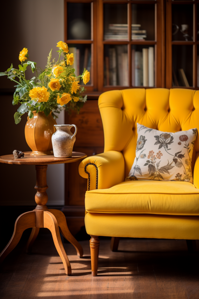 An interior design trend in 2024 featuring a yellow chair accentuated by a vase of flowers.