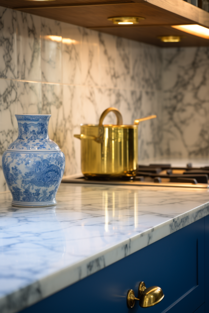 A trendy blue kitchen with a stylish vase on the counter, showcasing contemporary interior design.