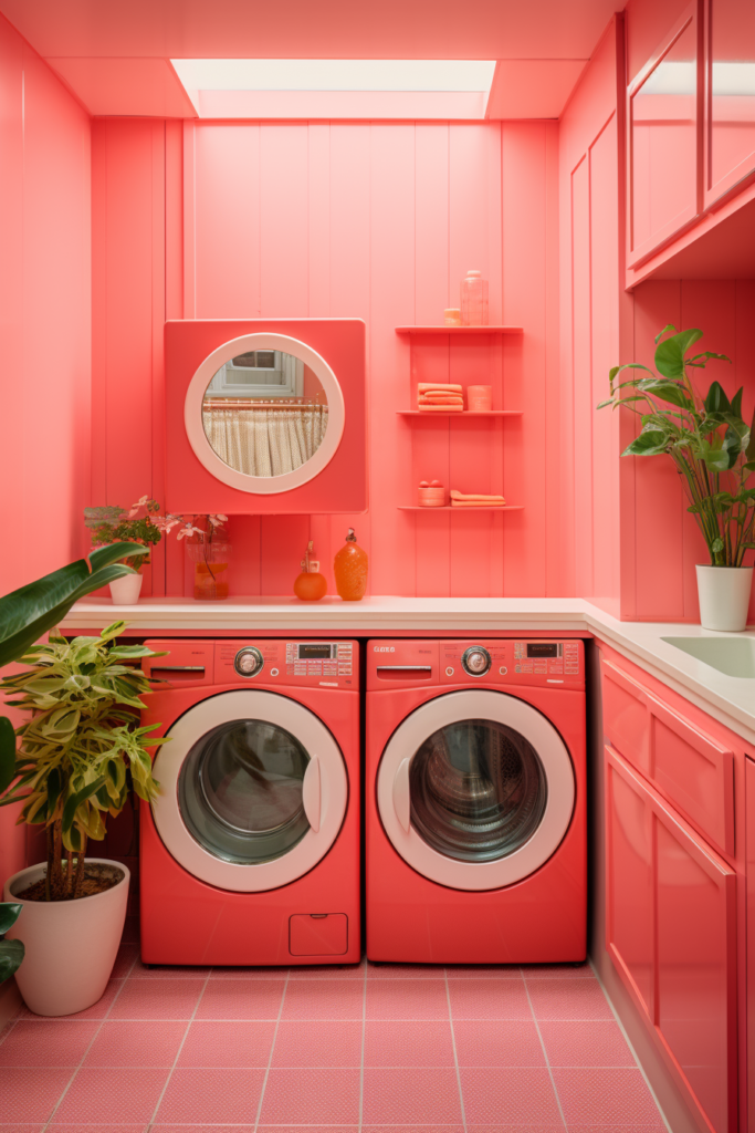 A laundry room with a modern interior design featuring a washer and dryer, following the latest 2024 trends.
