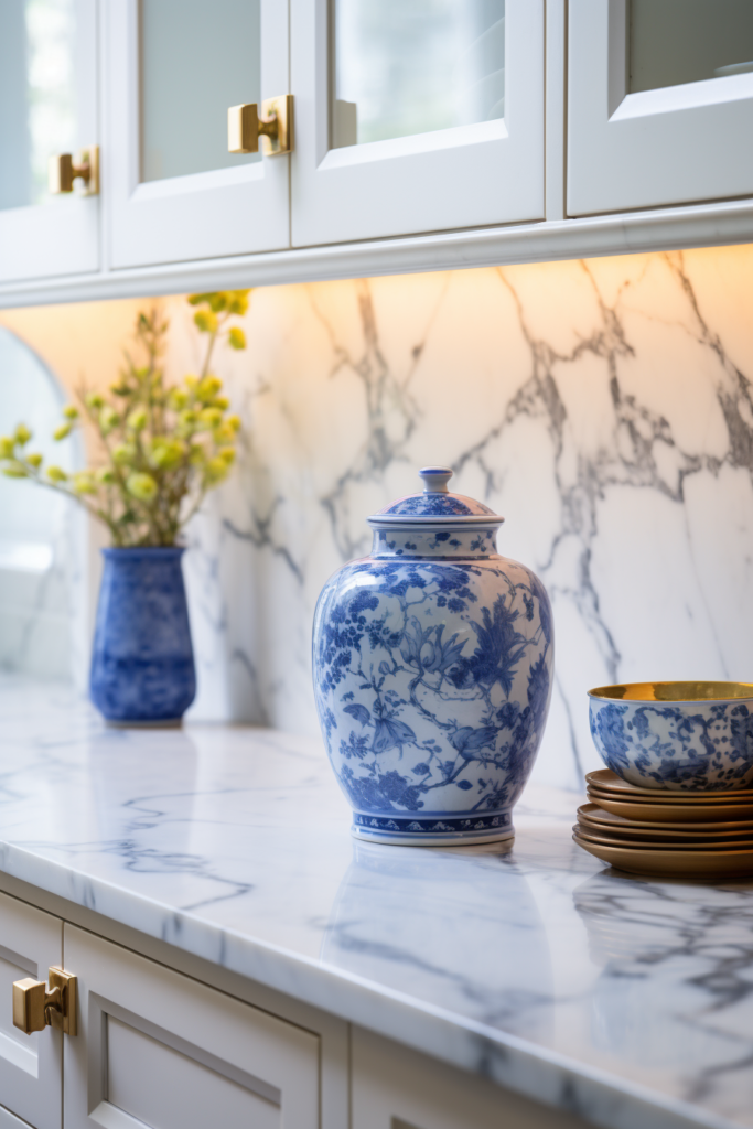 2024 trends: A blue and white kitchen with marble counter tops showcases contemporary interior design.
