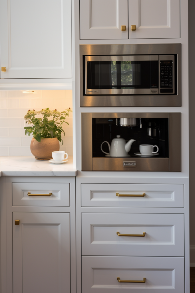 In the realm of interior design trends for 2024, envision a pristine white kitchen harmoniously adorned with both functionality and natural elements. This visionary space showcases a sleek microwave seamlessly integrated into the kitchen ensemble