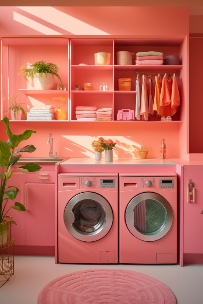 A trendy pink laundry room with a washer and dryer, incorporating 2024 interior design trends.
