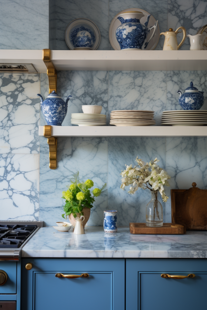 A blue and gold kitchen with a marble backsplash, following the latest interior design trends.