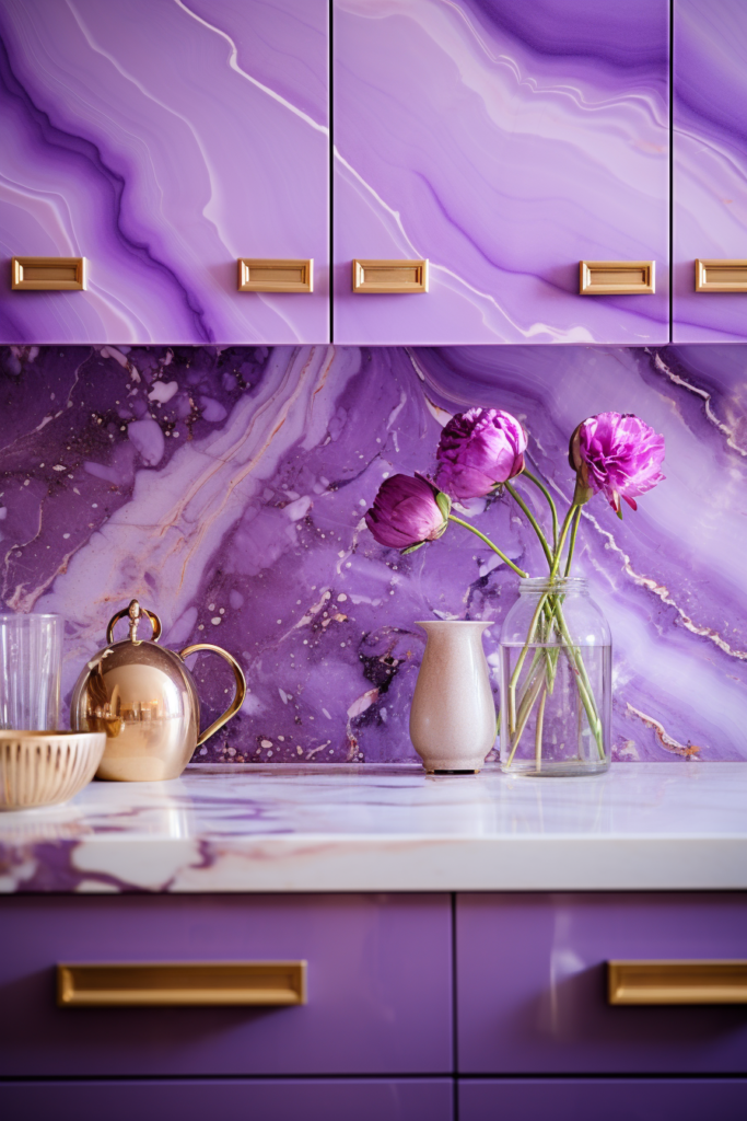 An interior design showcasing the latest trends in 2024, featuring a kitchen with purple marble counter tops and flowers.