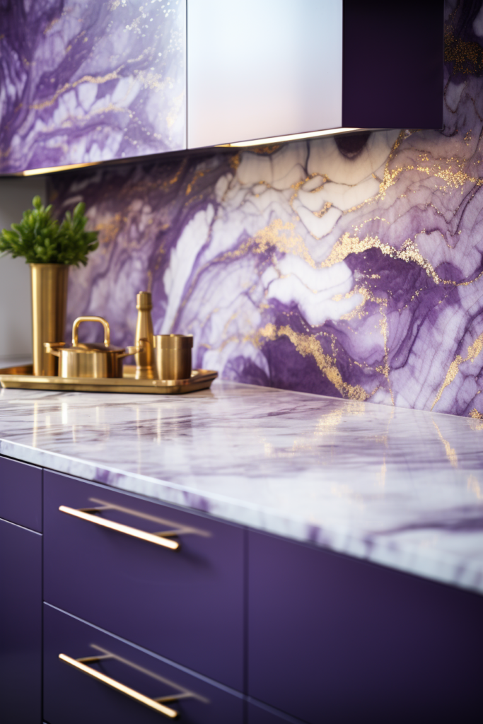 A kitchen featuring purple marble counter tops and gold accents, in line with the latest interior design trends for 2024.
