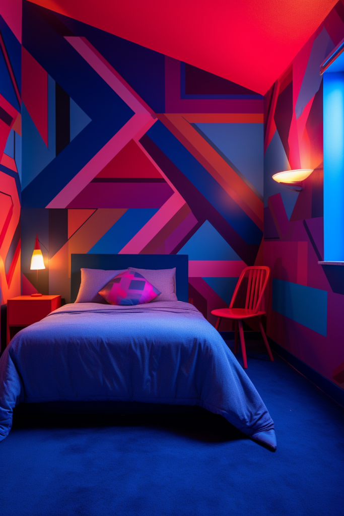 A bed in a room with creating colorful walls.