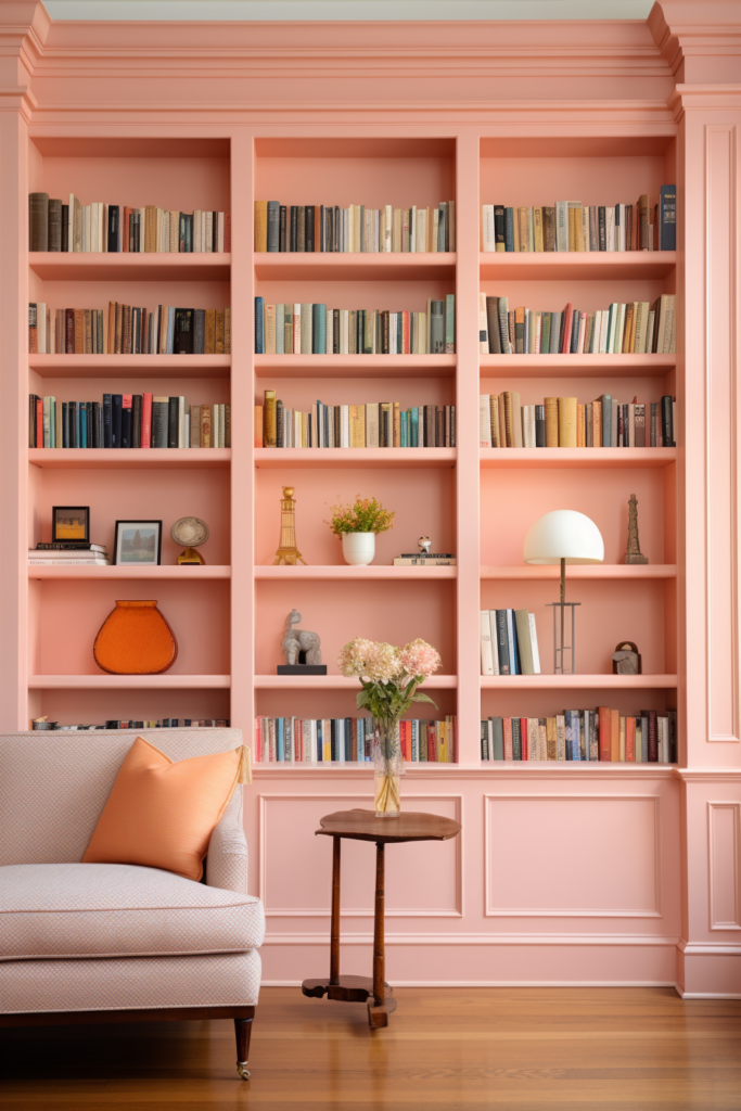 A Stunning living room with bookshelves and a couch in a pink color, creating visual harmony.