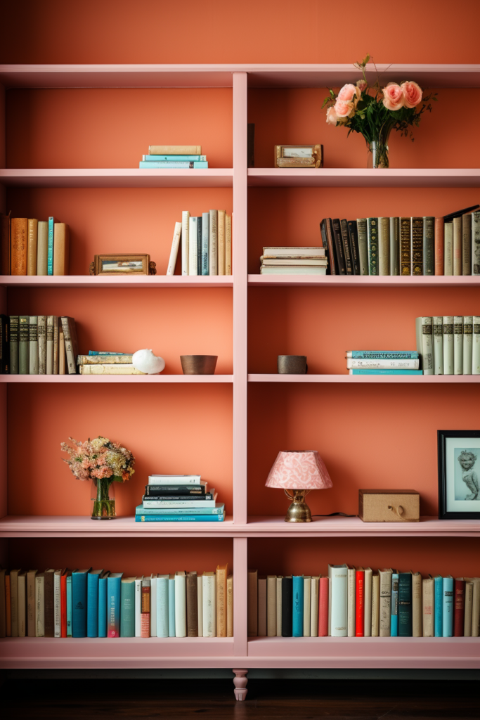 Stunning interiors featuring pink bookshelves in a room with orange walls, creating visual harmony.