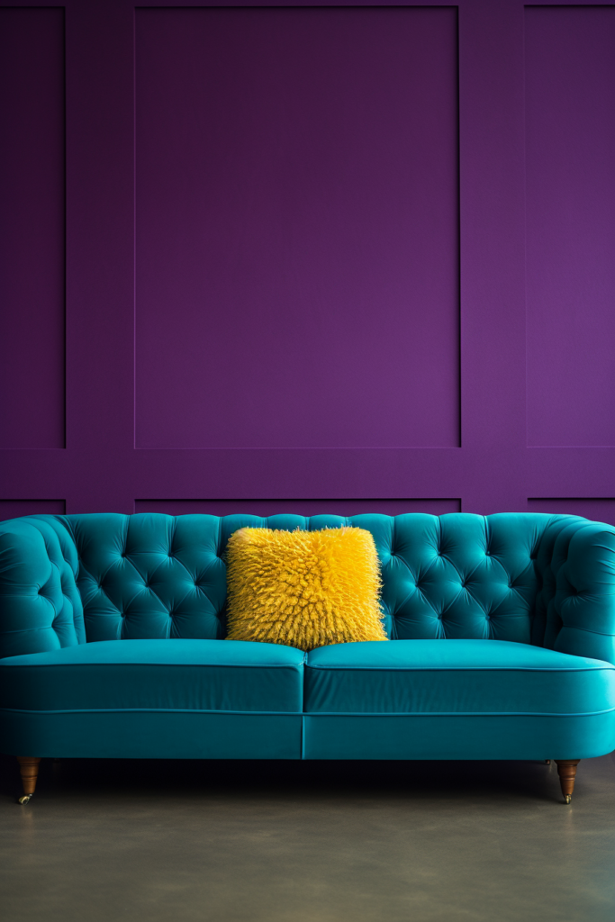 Creating Visual Harmony - A blue sofa with a yellow pillow in front of a purple wall.