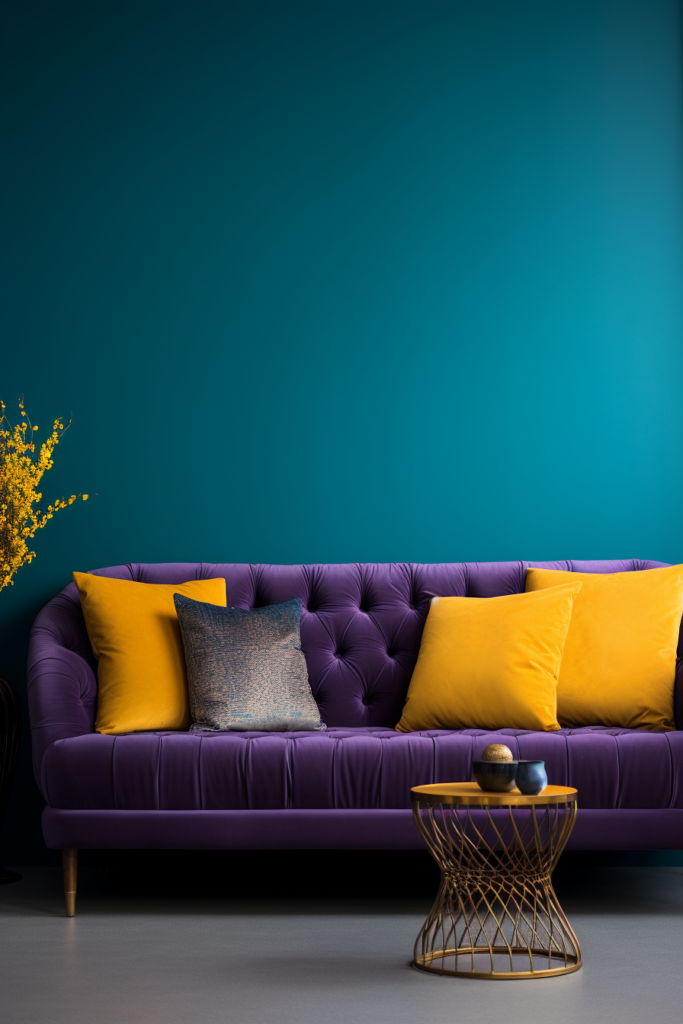 Mastering Visual Harmony by creating a purple sofa with yellow pillows in a living room.