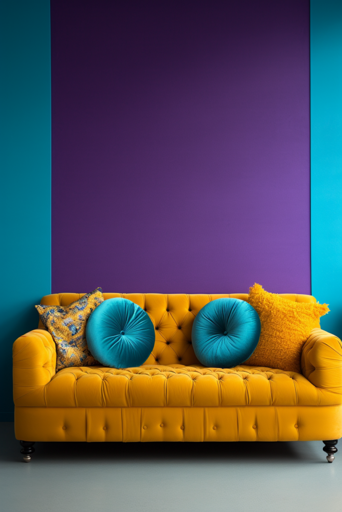 Creating visual harmony with paint color combinations, this description showcases a yellow sofa in front of a vibrant purple wall.