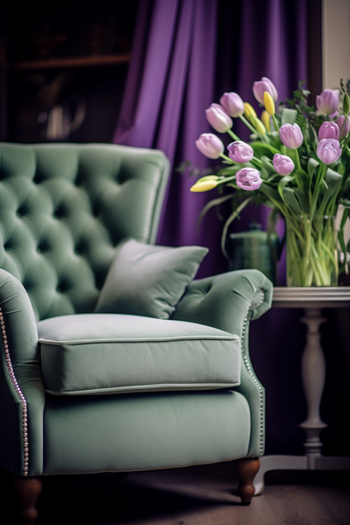 Creating stunning interiors. A green chair with a vase of tulips adds visual harmony to any space.