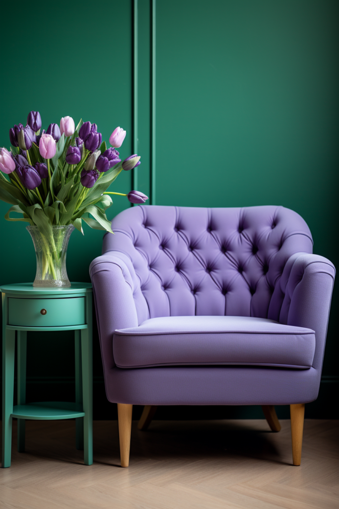 Creating visual harmony with a purple chair against a green wall.
