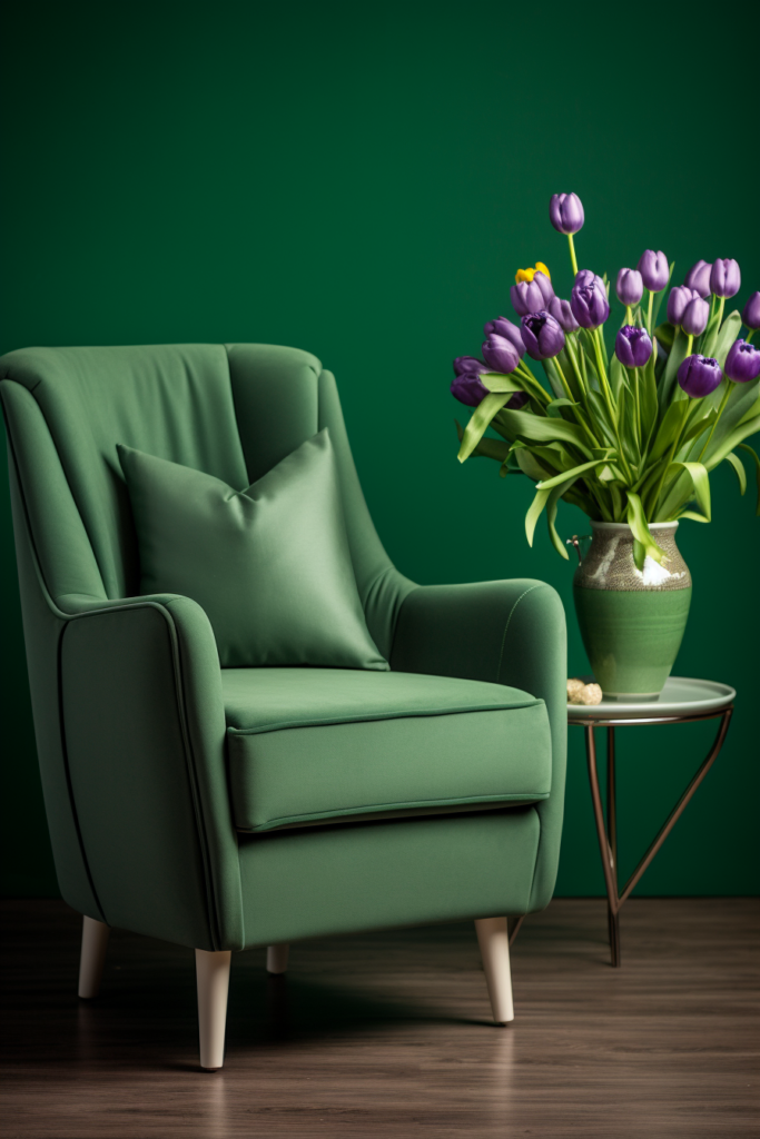 Creating visual harmony with a green chair and a vase of purple tulips.
