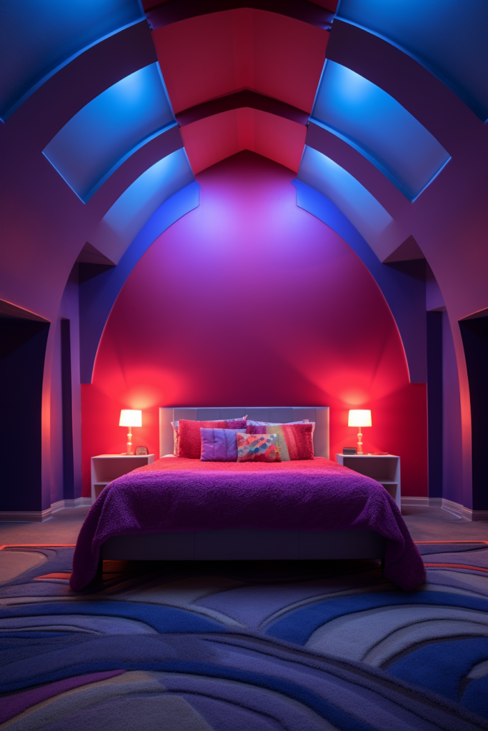 A bed in a room with unconventional paint color combinations and a bedside lamp.
