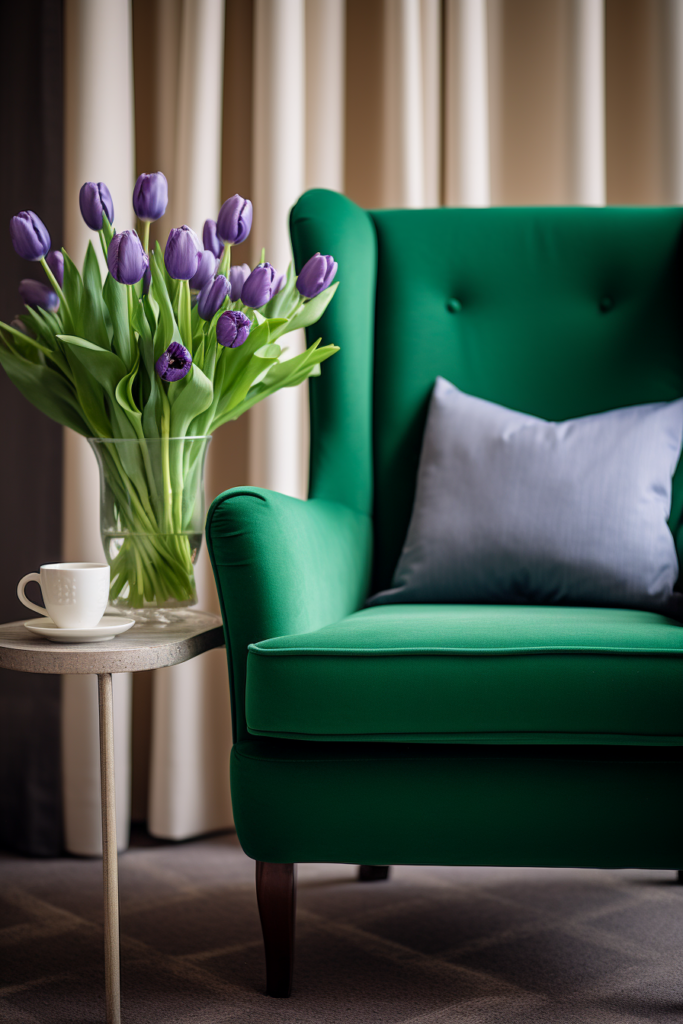 A green chair next to a vase of purple tulips, creating a visually harmonious arrangement.