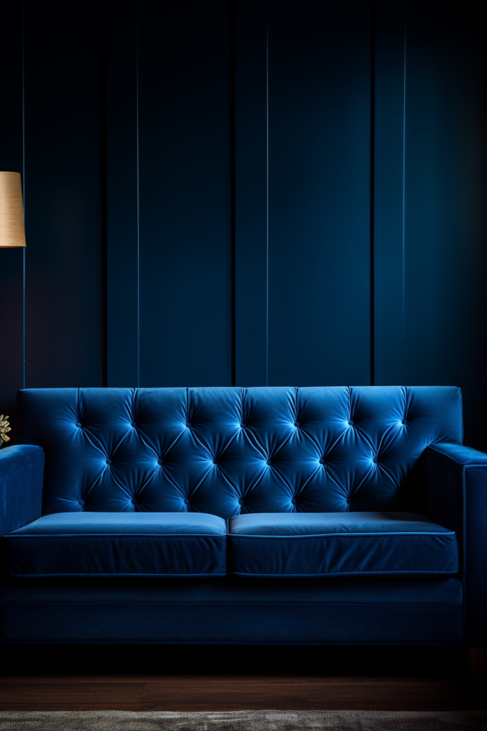 A stunning blue velvet sofa in a dark room with a lamp, creating visual harmony.