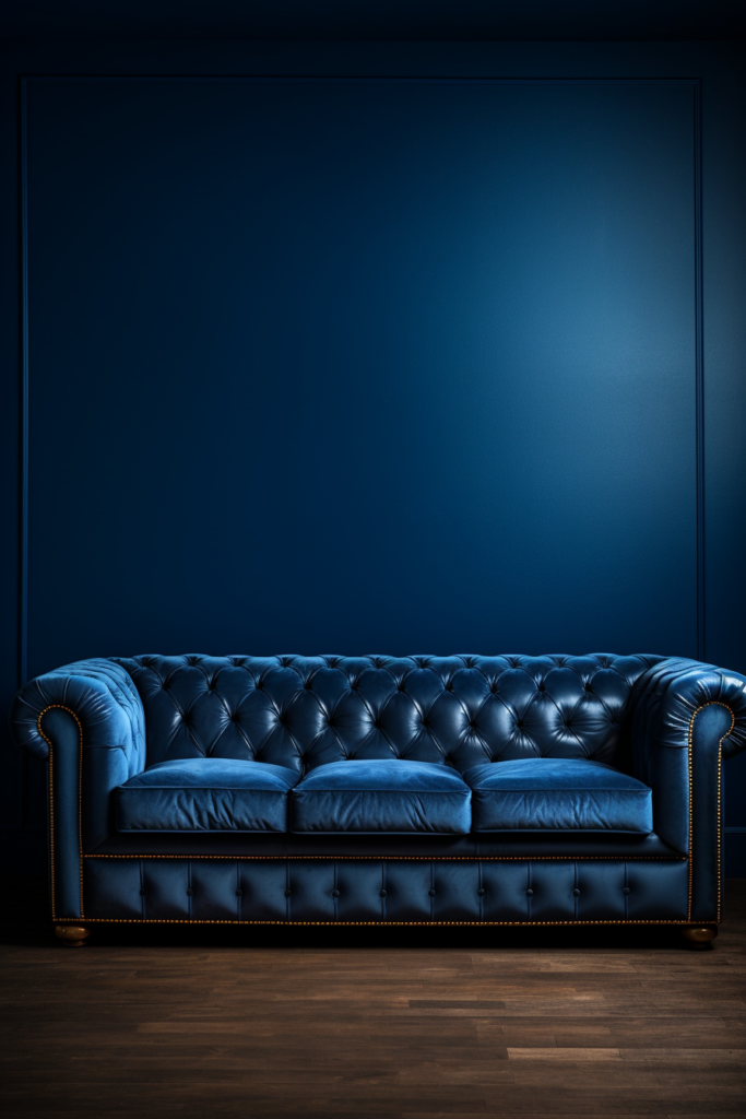 A stunning blue leather couch against a blue wall creates visual harmony.