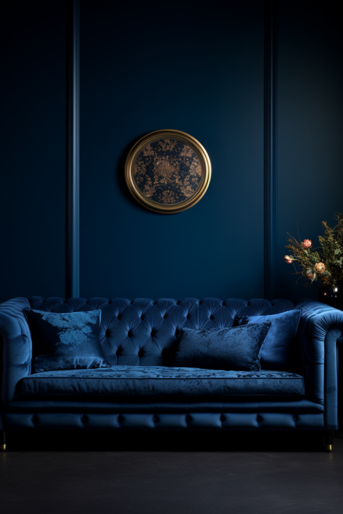 A stunning blue velvet sofa adds visual harmony to a dark room, creating a mesmerizing interior.