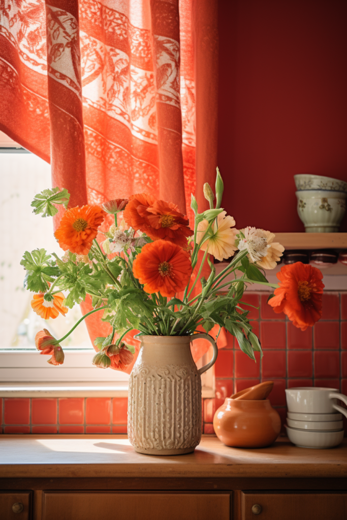 Creating visual harmony with a vase of flowers on a kitchen counter.