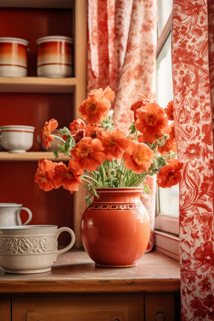 A stunning vase of orange flowers on a window sill creates visual harmony in a stunning interior.